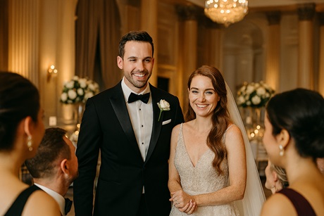 Wedding guests mingling and arriving at the evening reception with mood lighting