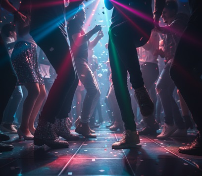 A crowd cheering and dancing with hands in the air