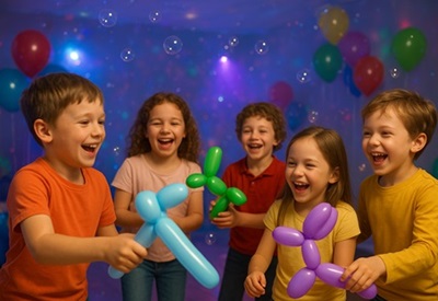 Kids disco with children dancing and balloon modelling by the DJ